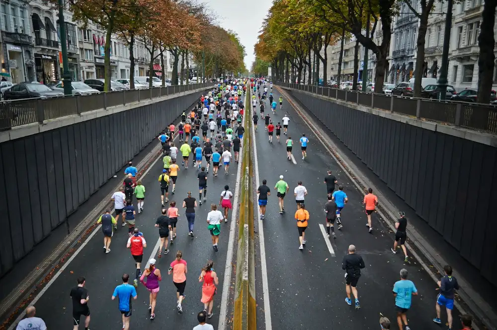 Runners filling a city road during a marathon